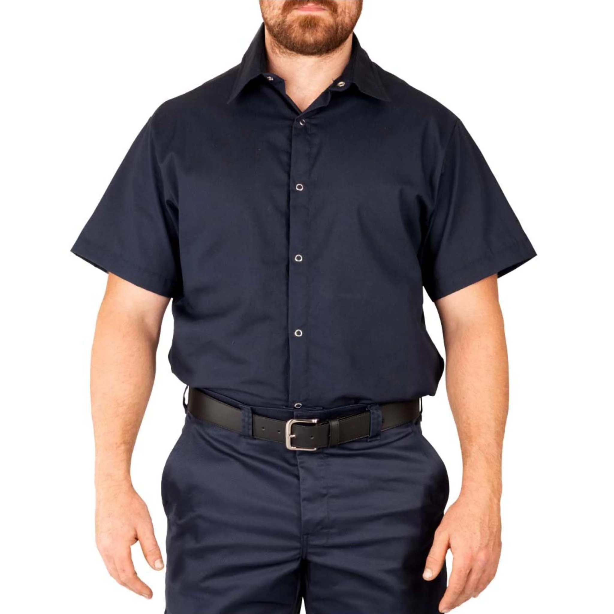Short Sleeve Pocketless Work Shirt - Navy - Image 3